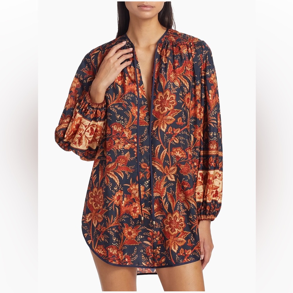 ZIMMERMANN Belted Floral-Print Silk-Habotai Tunic | NWT